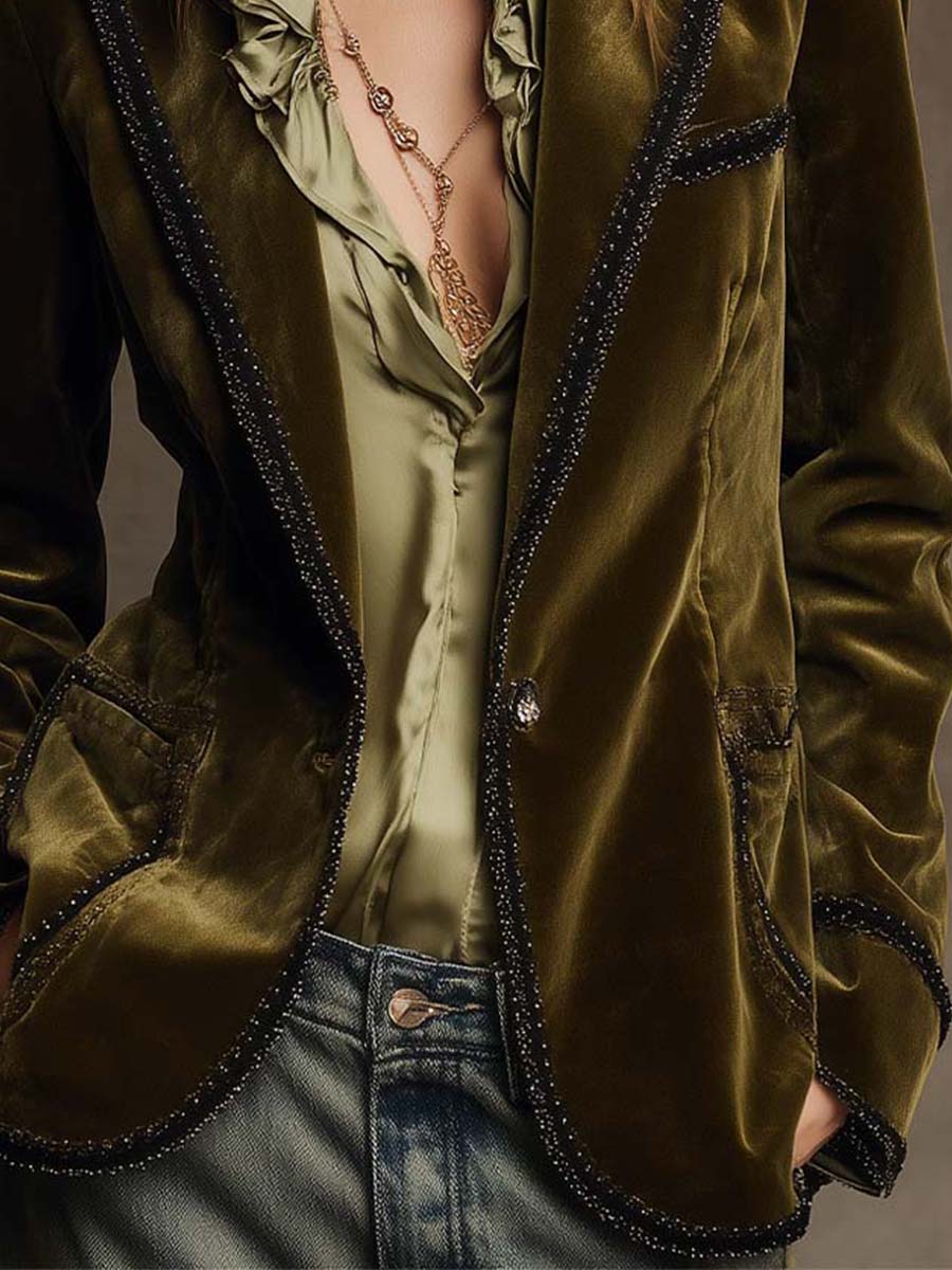 Women’s Boho Vintage Olive Black Trim Jacket