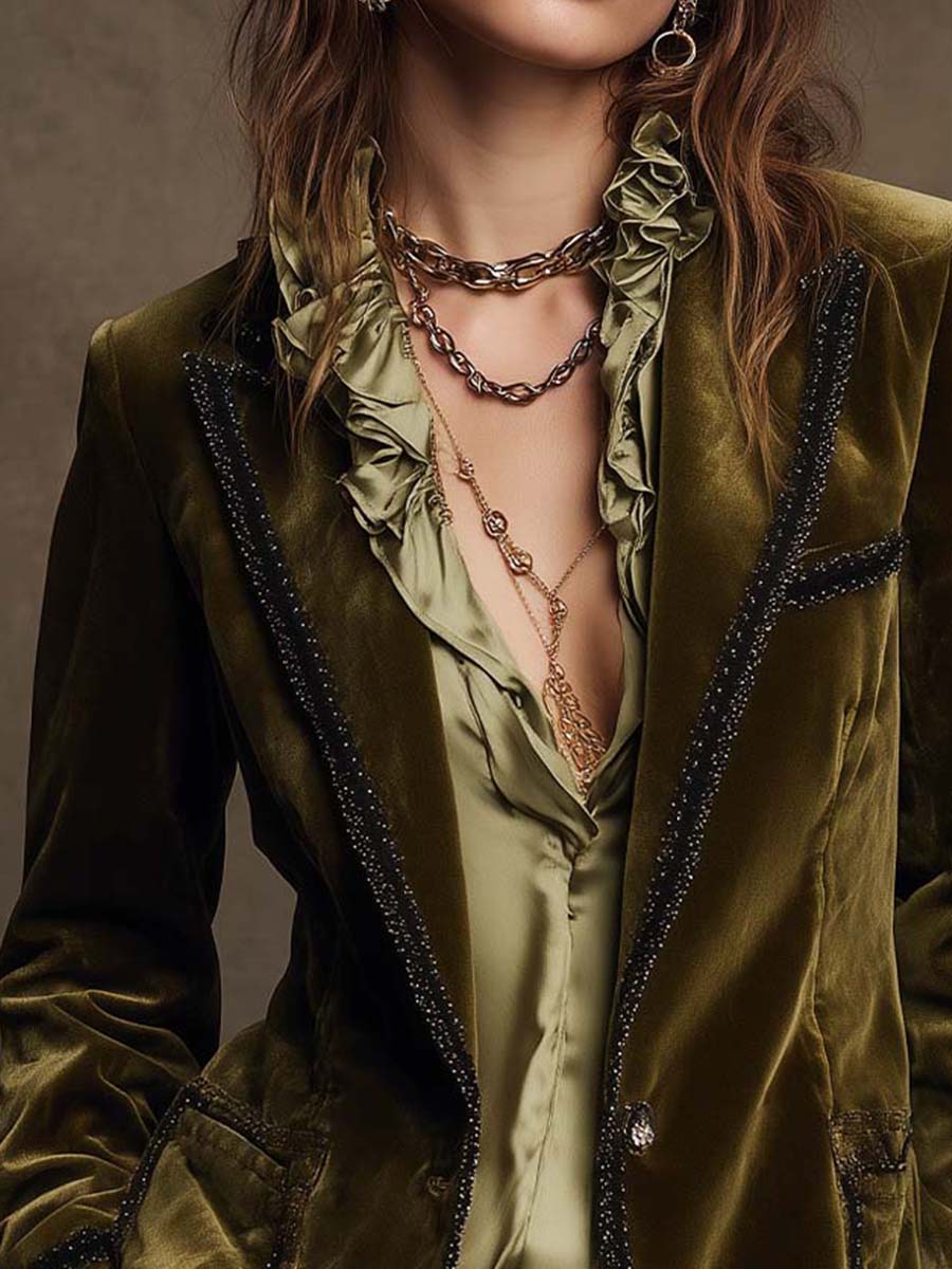 Women’s Boho Vintage Olive Black Trim Jacket