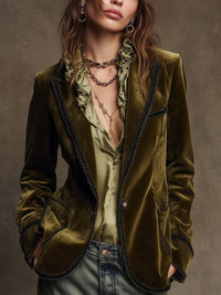Women’s Boho Vintage Olive Black Trim Jacket