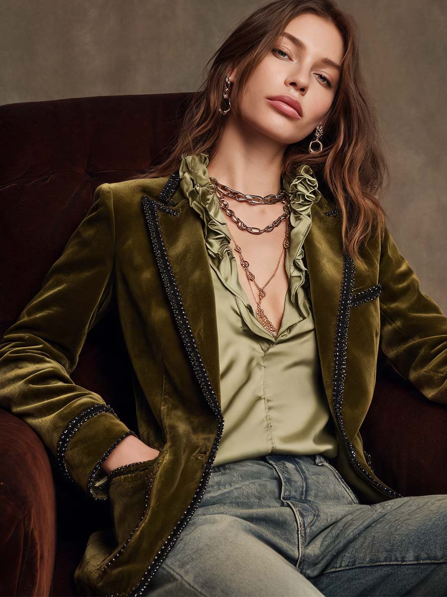 Women’s Boho Vintage Olive Black Trim Jacket