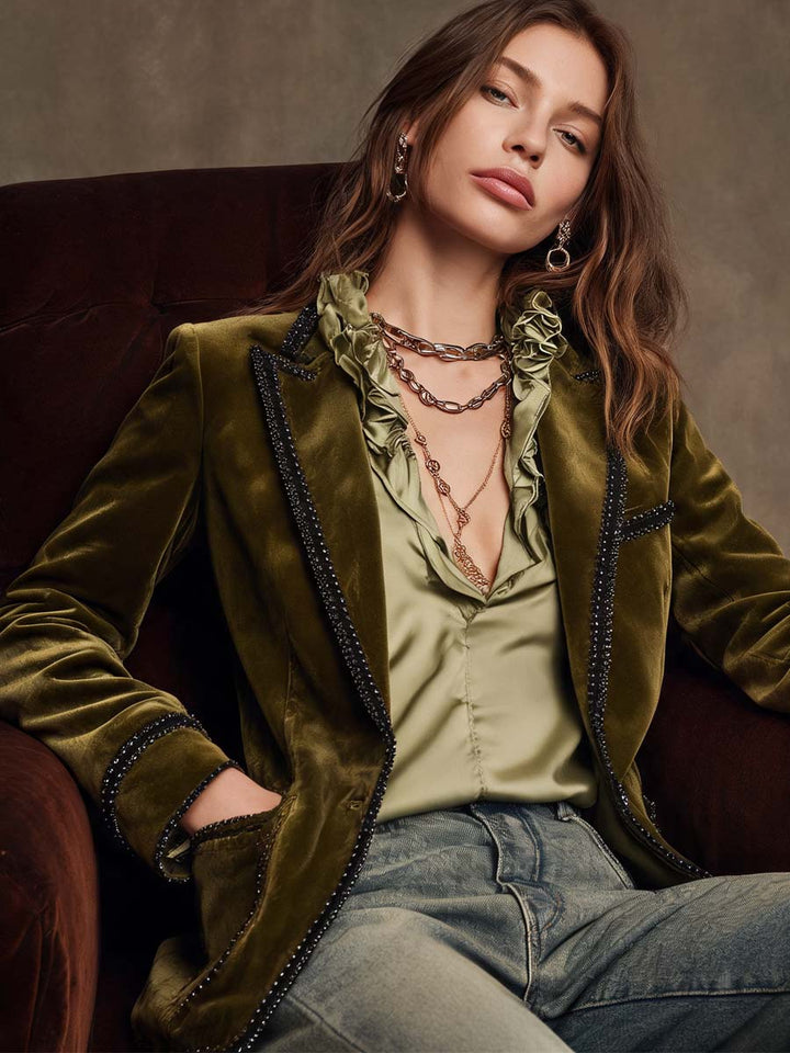 Women’s Boho Vintage Olive Black Trim Jacket