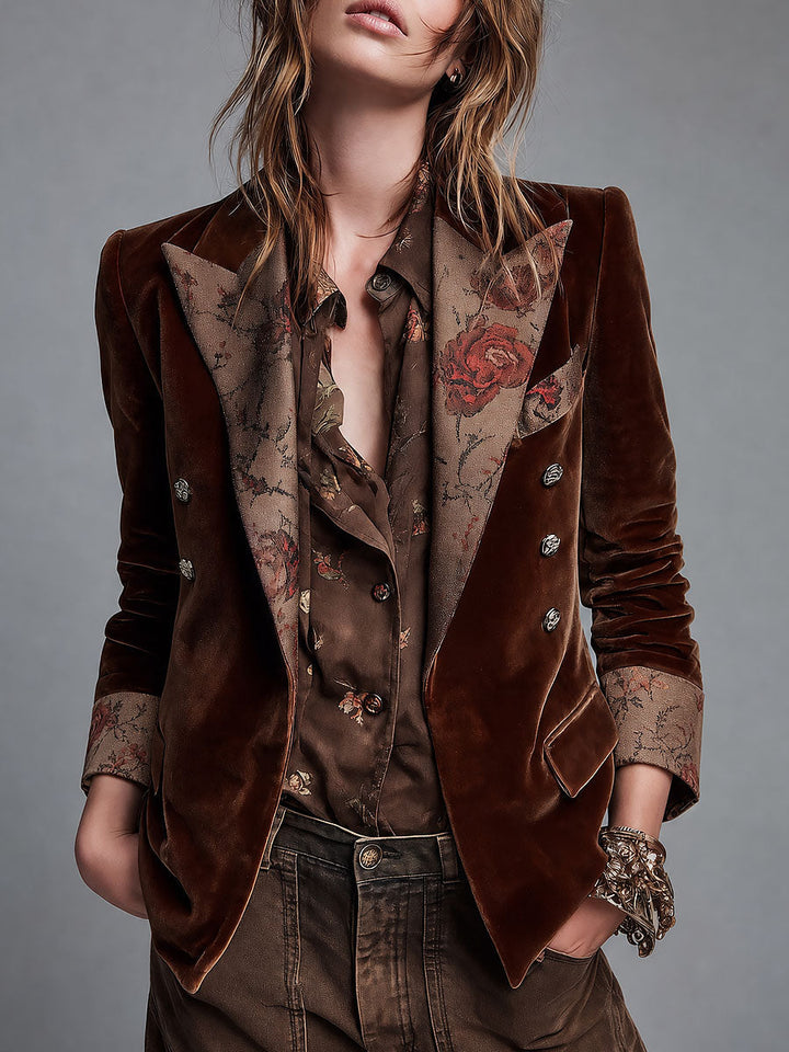 Women’s Double Breasted Brown Floral Lapel Blazer