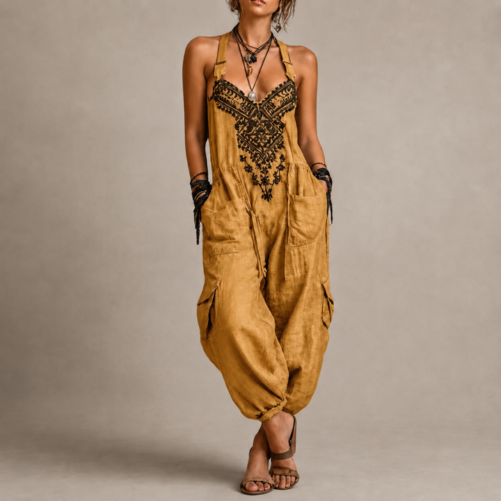 Women’s Boho Embroidered Wide Leg Jumpsuit