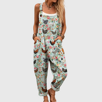 Women’s Floral Chicken Print Pocketed Jumpsuit