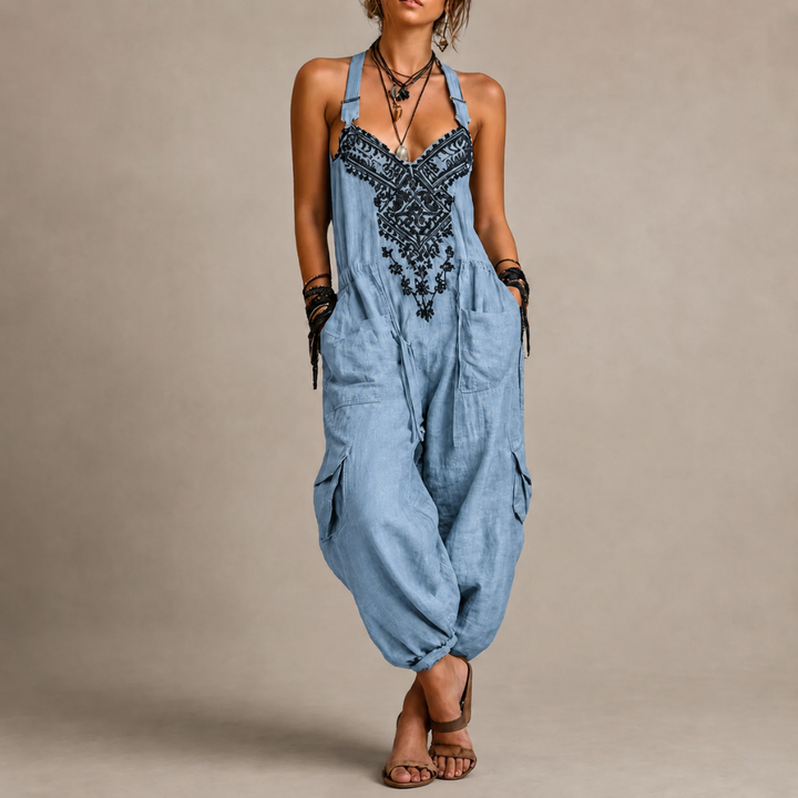 Women’s Boho Embroidered Wide Leg Jumpsuit