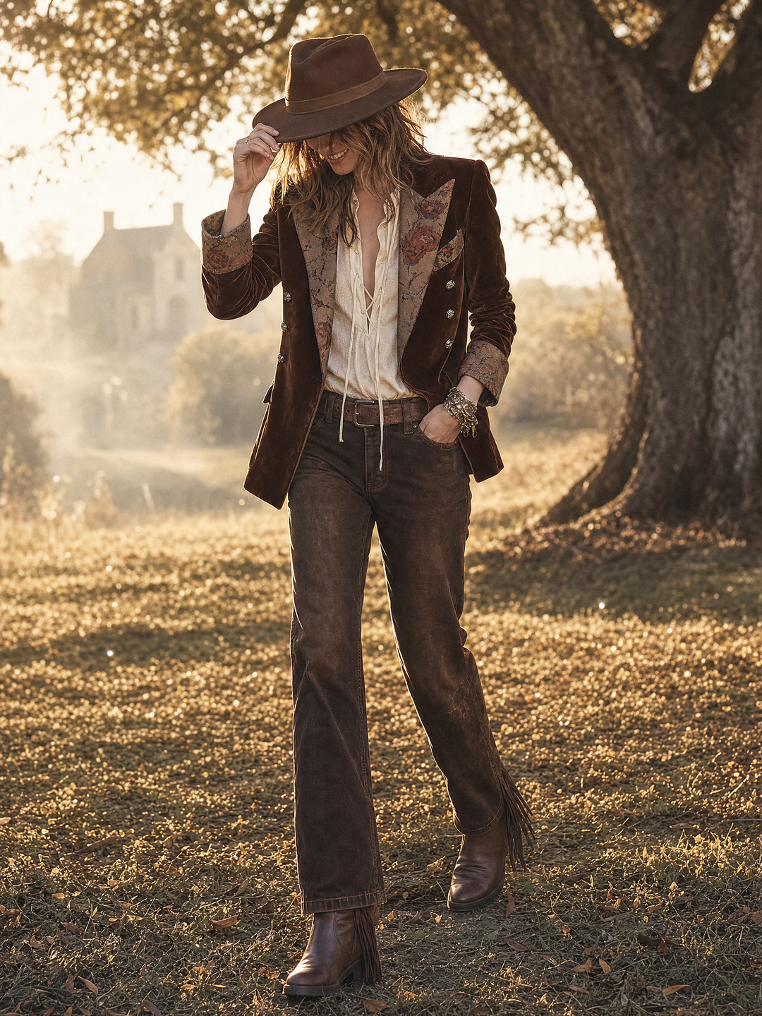 Women’s Double Breasted Brown Floral Lapel Blazer