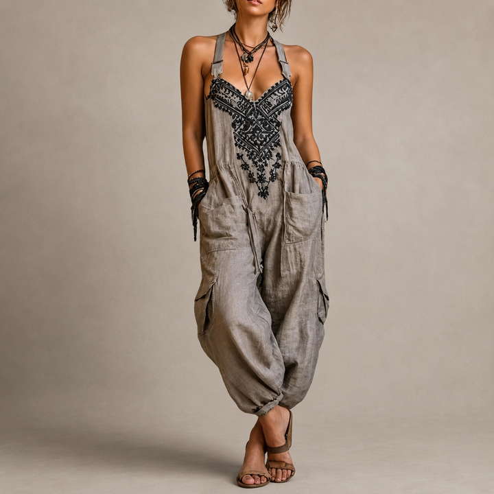 Women’s Boho Embroidered Wide Leg Jumpsuit