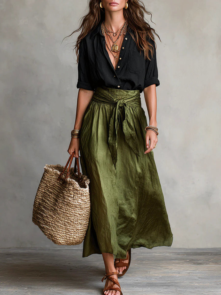 Women’s Two-Piece Black Top And Olive Green Midi Skirt Set